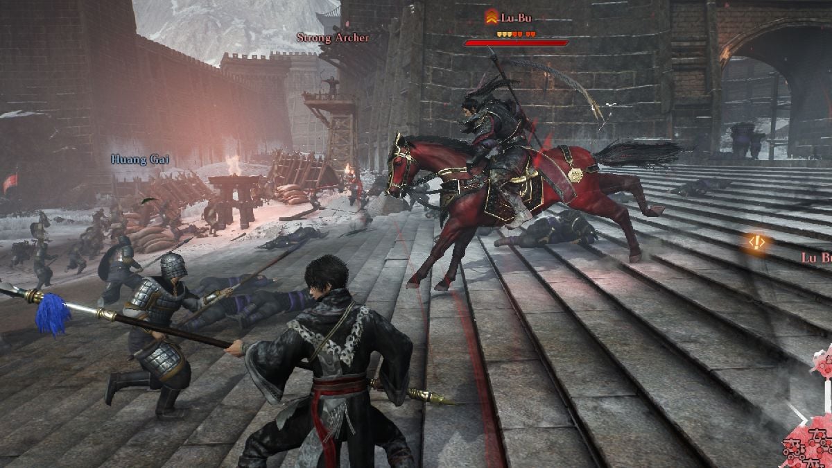 Dynasty Warriors Origins lu bu marchando hacia el campo de batalla encima de su caballo liebre roja