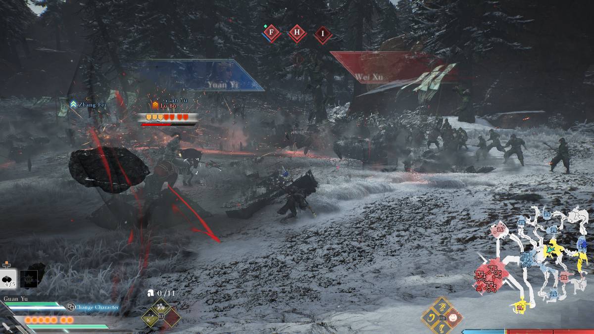 Dynasty Warriors Origins lu bu usa un ataque de golpe imbloqueable encima del caballo y el protagonista esquiva