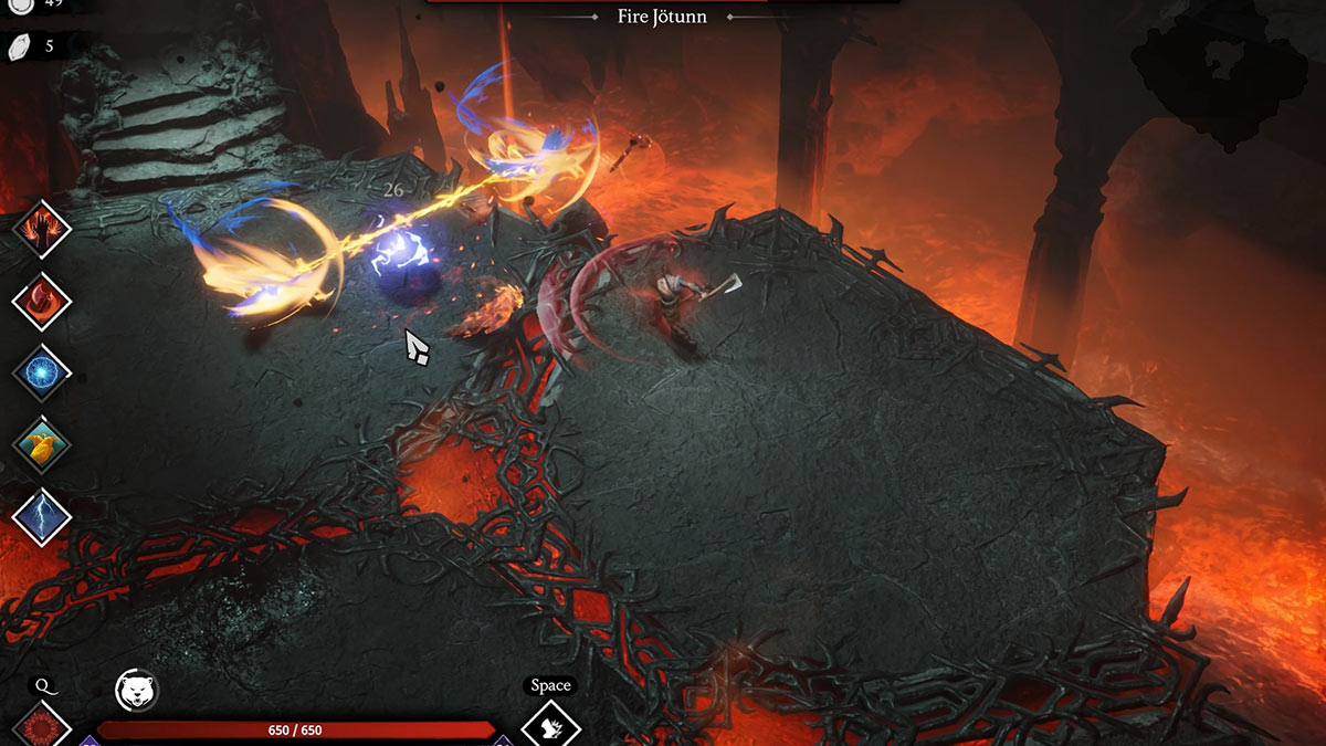 Berserker luchando contra el jefe Fire Jotunn en Jotunnslayer Hordes of Hel