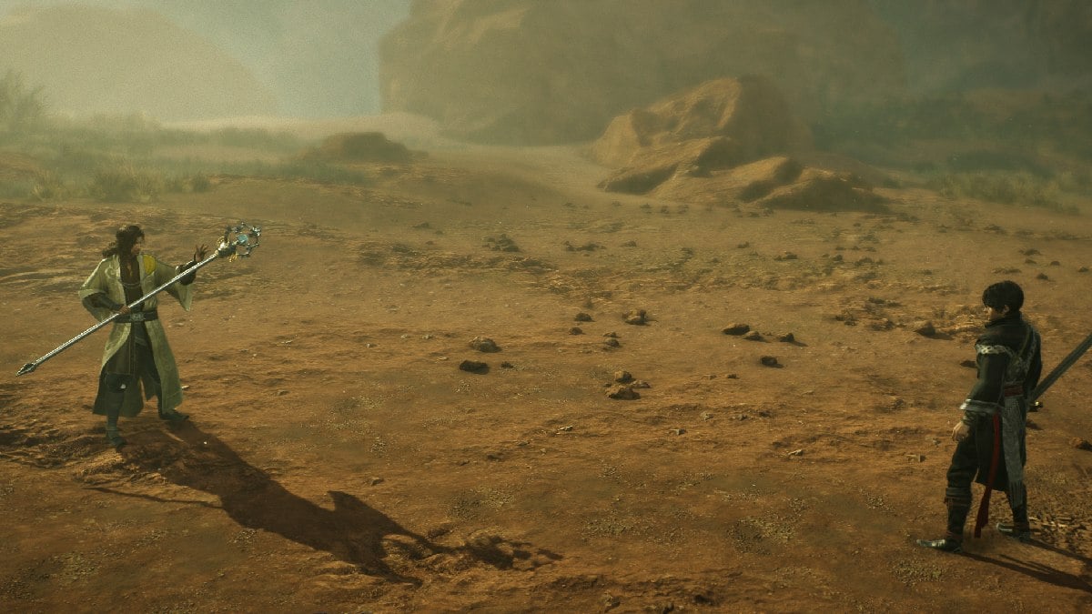 Dynasty Warriors Origins Zhang Jiao se enfrenta al protagonista en un campo desértico