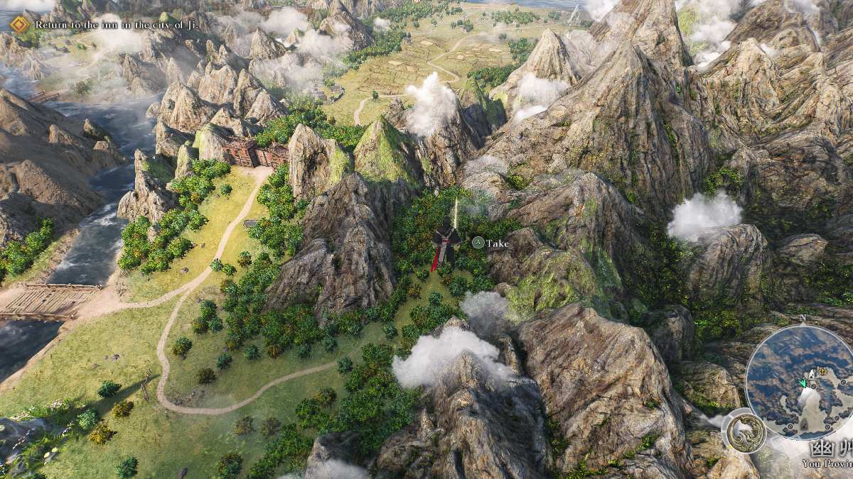 Dynasty Warriors Origins-spiller, der står på verdenskortet ved siden af ​​en gammel mønt, tager muligheden