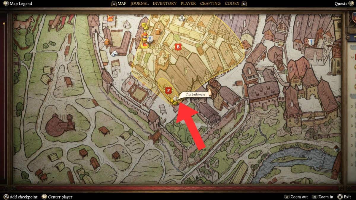 La casa de baños marcada en un mapa, donde los jugadores pueden obtener información sobre la piel de cabra en Kingdom Come Deliverance 2. 