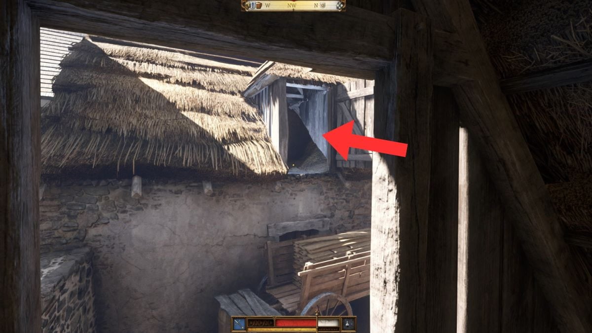 El camino hacia el ático donde la piel de cabra se esconde marcada con una flecha en el Reino Come Deliverance 2. 