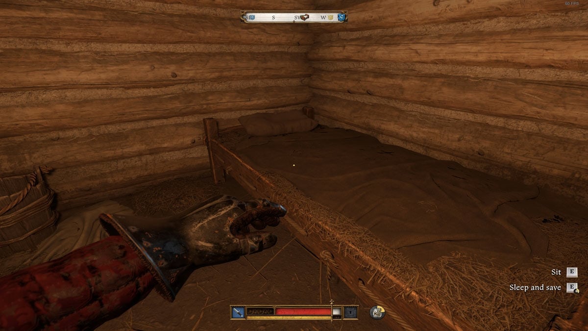Un jugador cerca de una cama para dormir y salvar el juego en Kingdom Come Deliptance 2