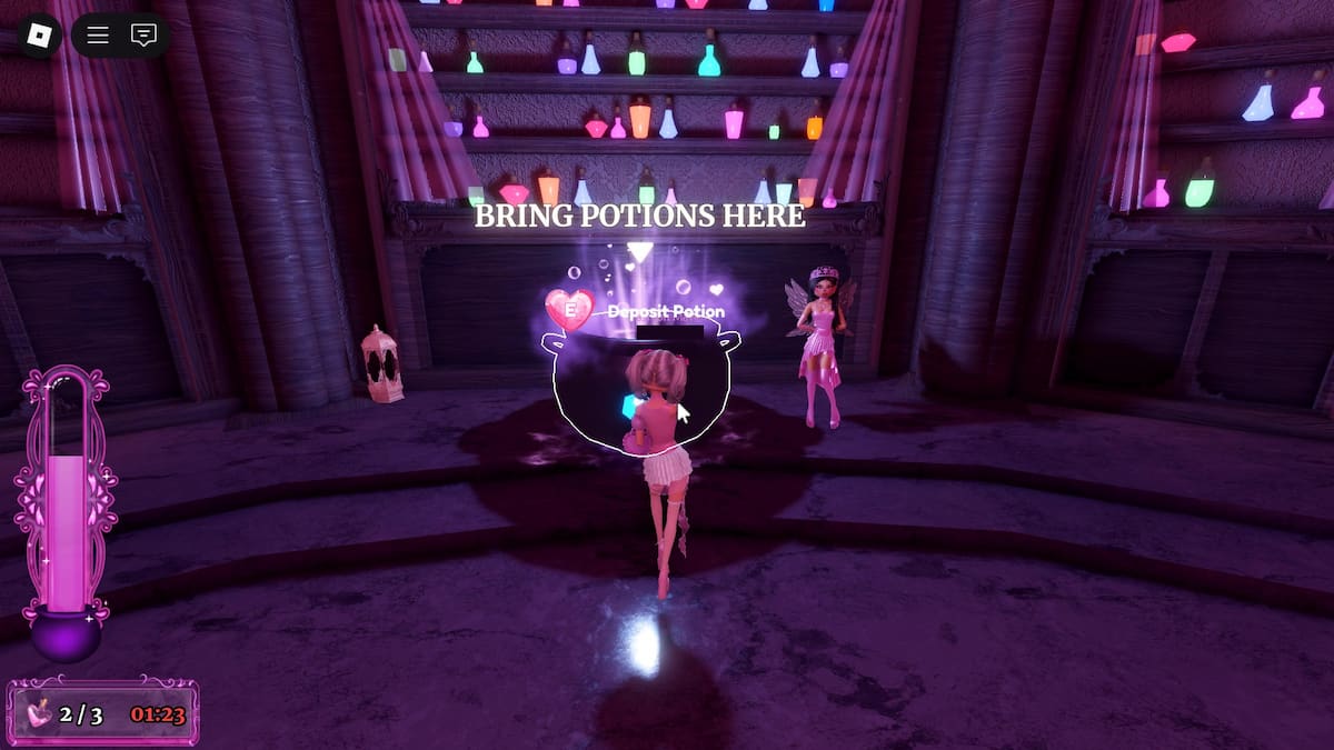 Screenshot del grande calderone dove deve essere posizionata la pozione.