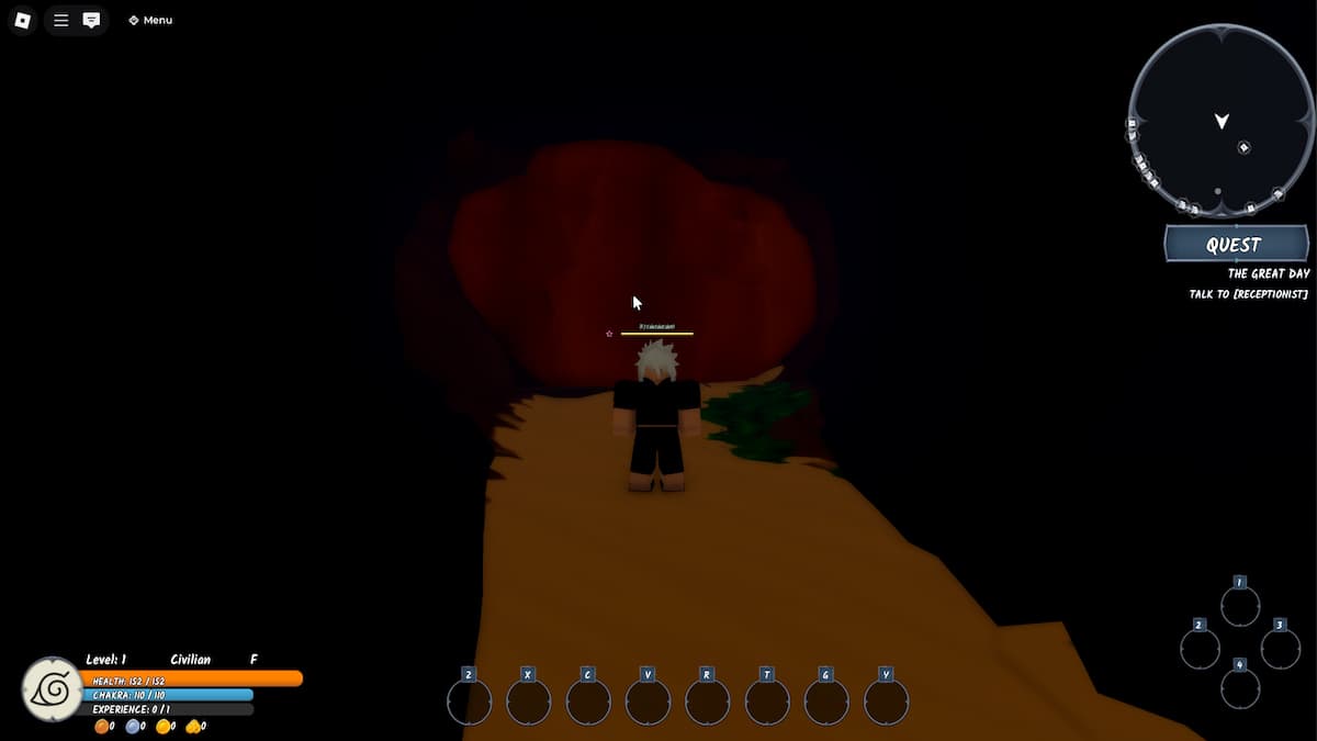 Ein weißhaariger Avatar, der vor einem braunen Felsen steht, der den Eingang zu einem Tunnel versperrt