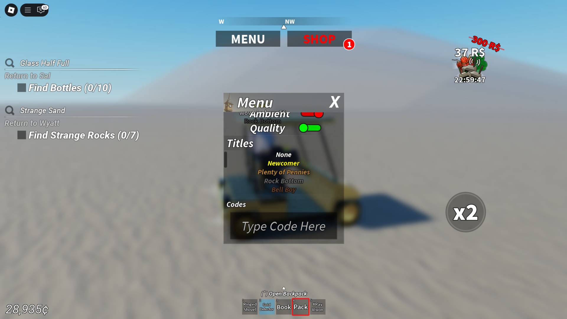 Menu de resgate de código em Roblox Experience Desert Detectors