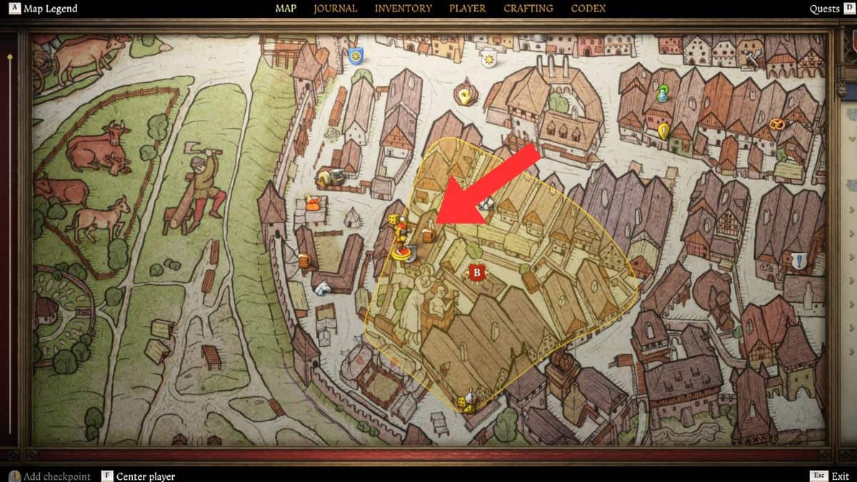 La taberna Black Horse marcada en un mapa, donde los jugadores pueden obtener información sobre la piel de cabra en Kingdom Come Deliverance 2. 