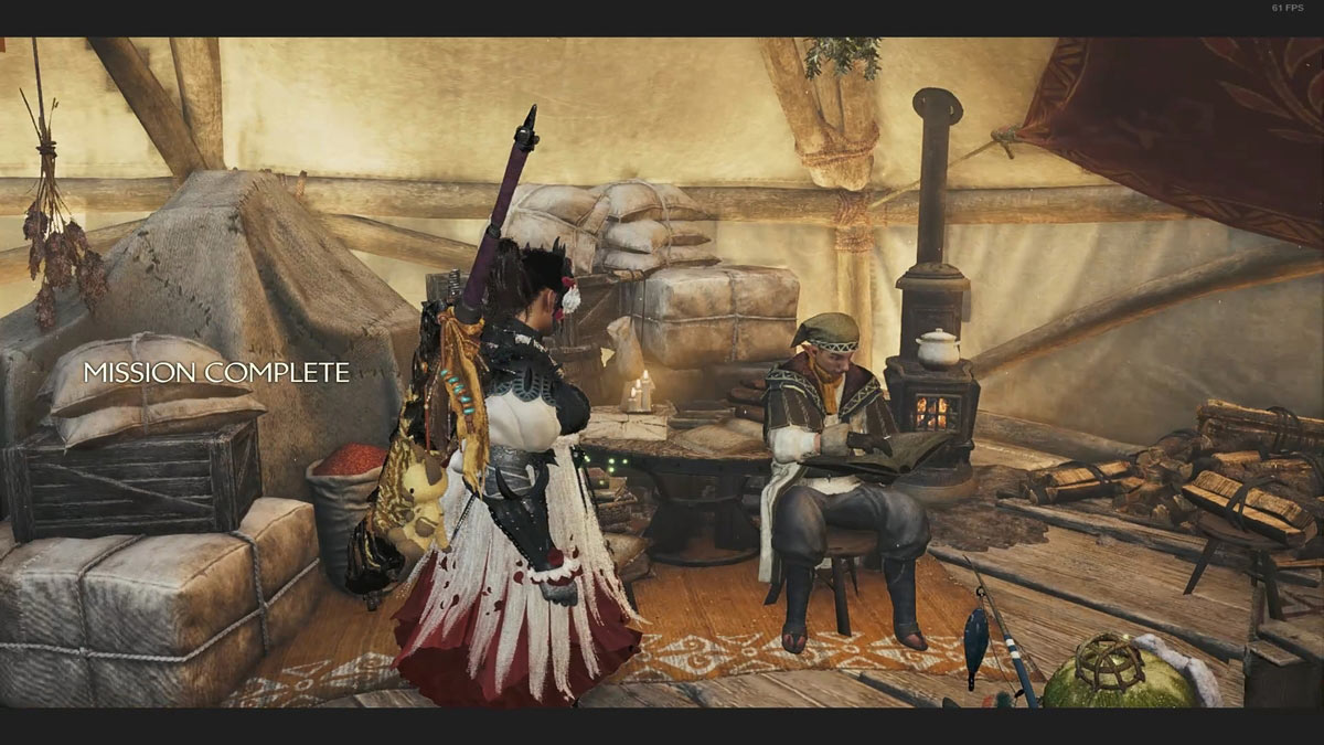 Informando a Samine después de capturar la mancha en Monster Hunter Wilds