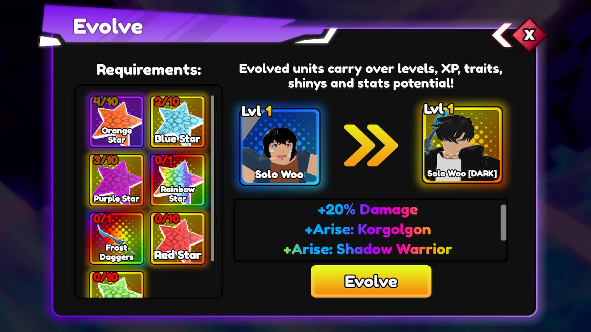 एनीमे रीबॉर्न रोबोक्स एक्सपीरियंस में सुंग जिनवू (एसजेडब्ल्यू) इवो मेनू