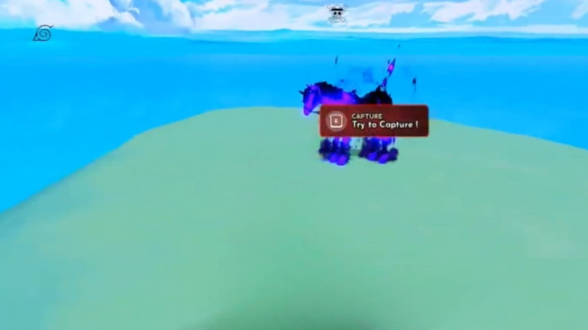 Mor bir ateşe benzeyen mor bir at, arkasında mavi okyanus olan çimenlik bir adada duruyor ve kırmızı bir şekilde isteğini yakalamaya çalışıyor.