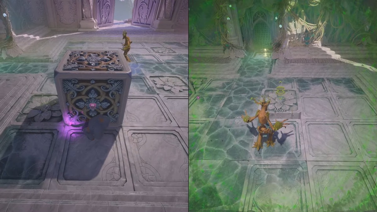 Levantando el último bloque para empujar el bloque de hielo y alinearlo con la puerta cerrada en la ficción dividida