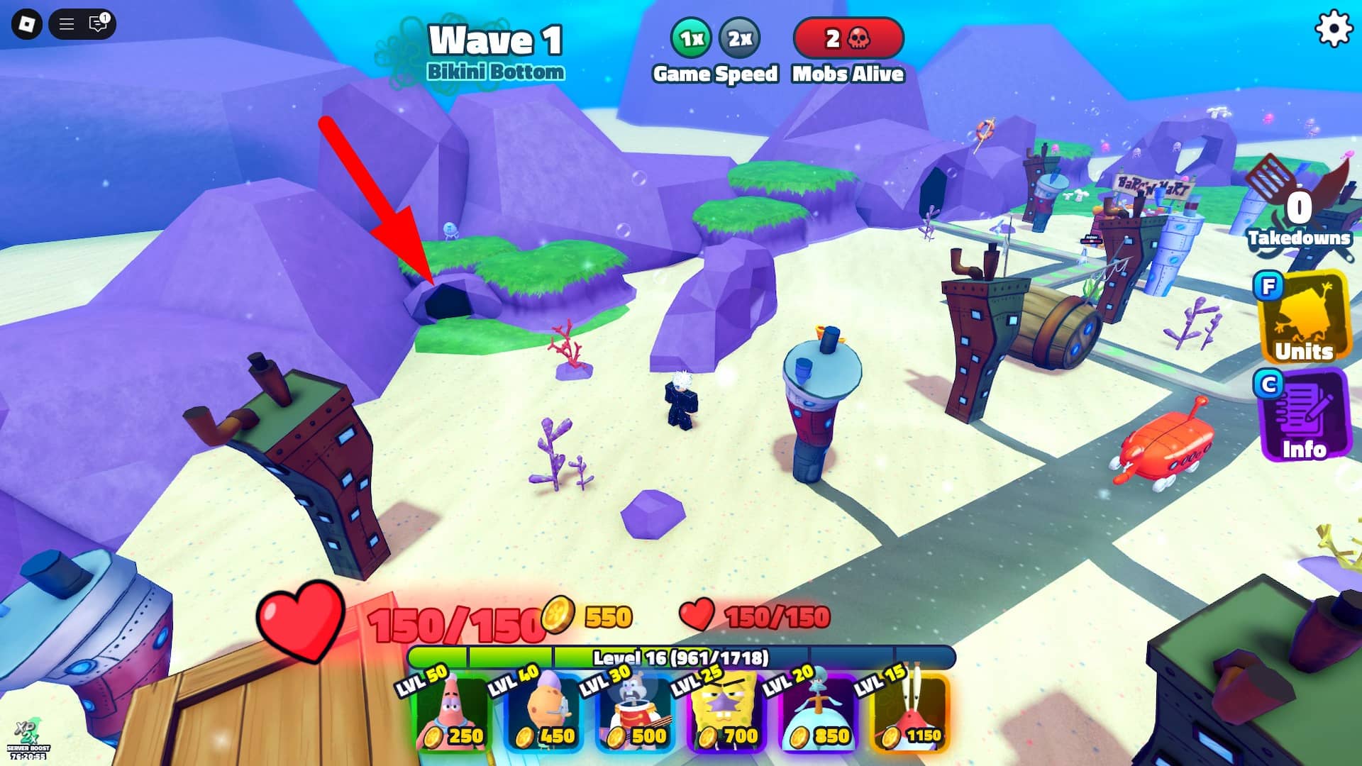 स्पंजबॉब टॉवर डिफेंस रोबोक्स अनुभव में हंट मेगा इवेंट के दौरान मानचित्र के कोने में हंट इवेंट चरण में गुप्त मेगा टोकन गुफा स्थान