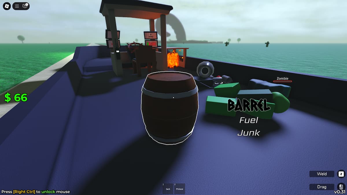 ट्रेन ट्रेलर में कई वस्तुओं की एक छवि, जैसे एक बैरल, और एक हरे ज़ोंबी शव