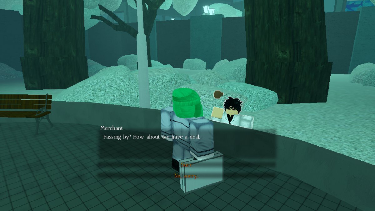 Um humano negocia com um NPC comerciante de bugigangas no parque em GHOUL://RE no Roblox.
