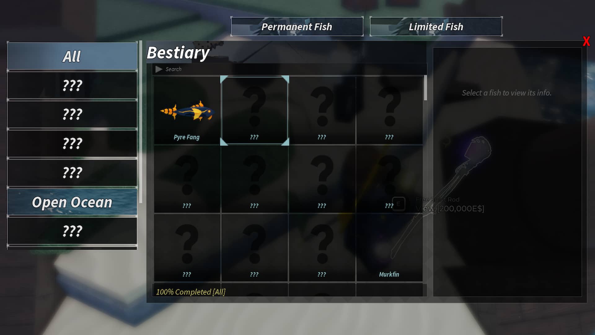 Fisch Roblox Deneyiminde ikinci deniz hayvanı tamamlama menüsü