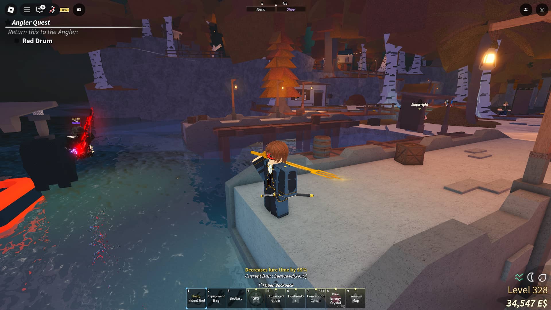 Waveborne Fishing-Spieler im zweiten Meer in Fisch Roblox Experience