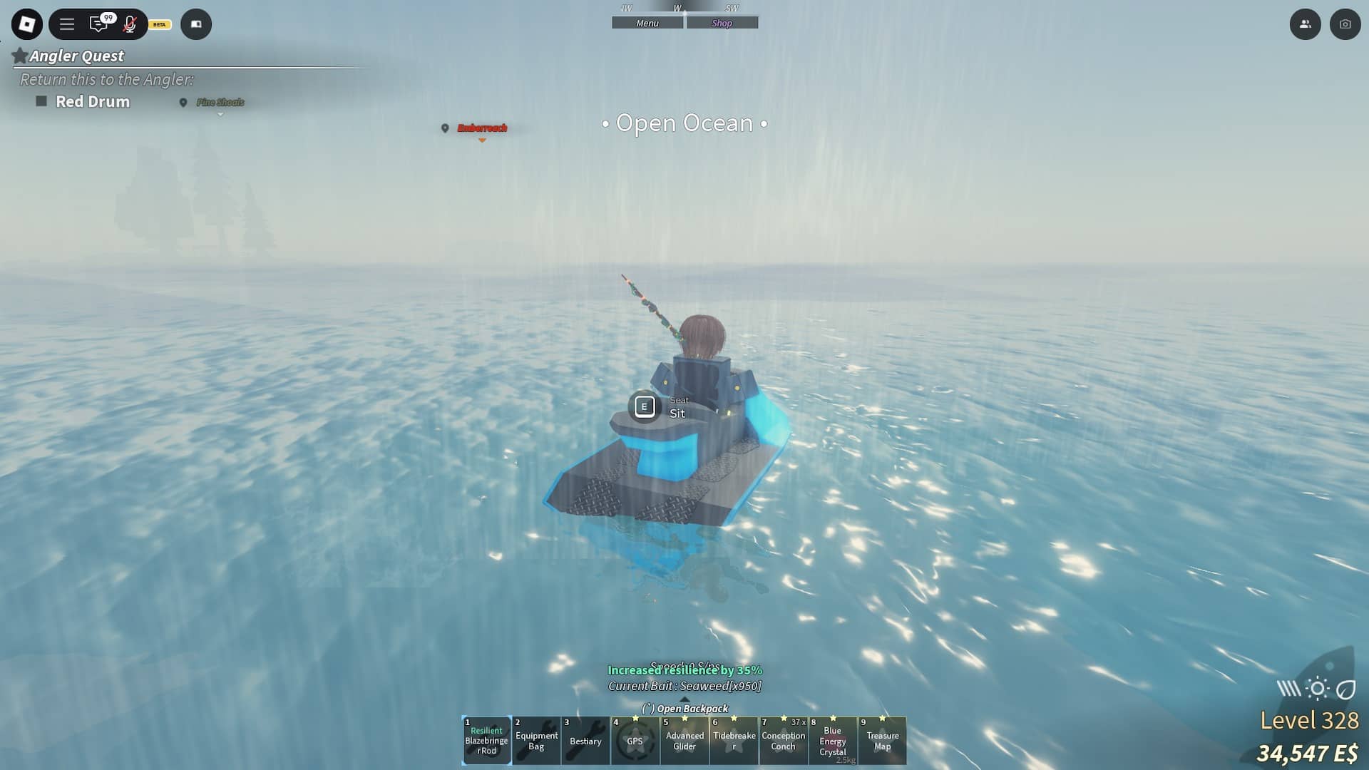 Angelspieler im offenen Ozean im zweiten Meer in Fisch Roblox Experience