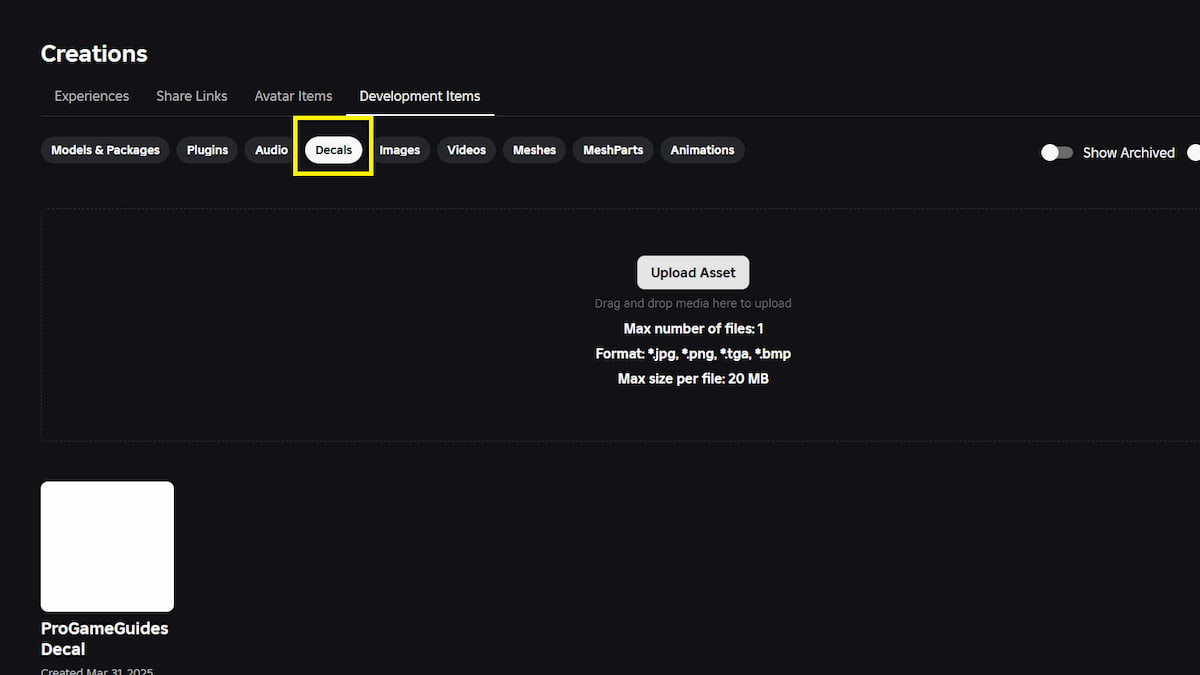 Меню стікерів в магазині Roblox