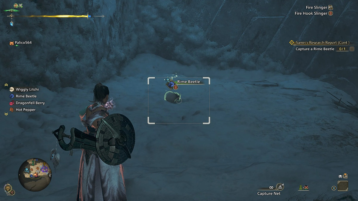 Un jugador que captura el escarabajo de Rime en Monster Hunter Wilds