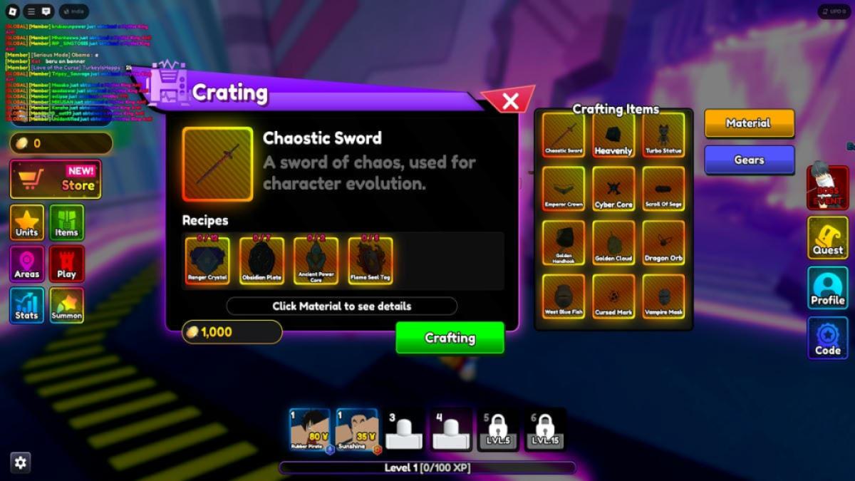 قائمة الحرف اليدوية لـ Anime Reborn X