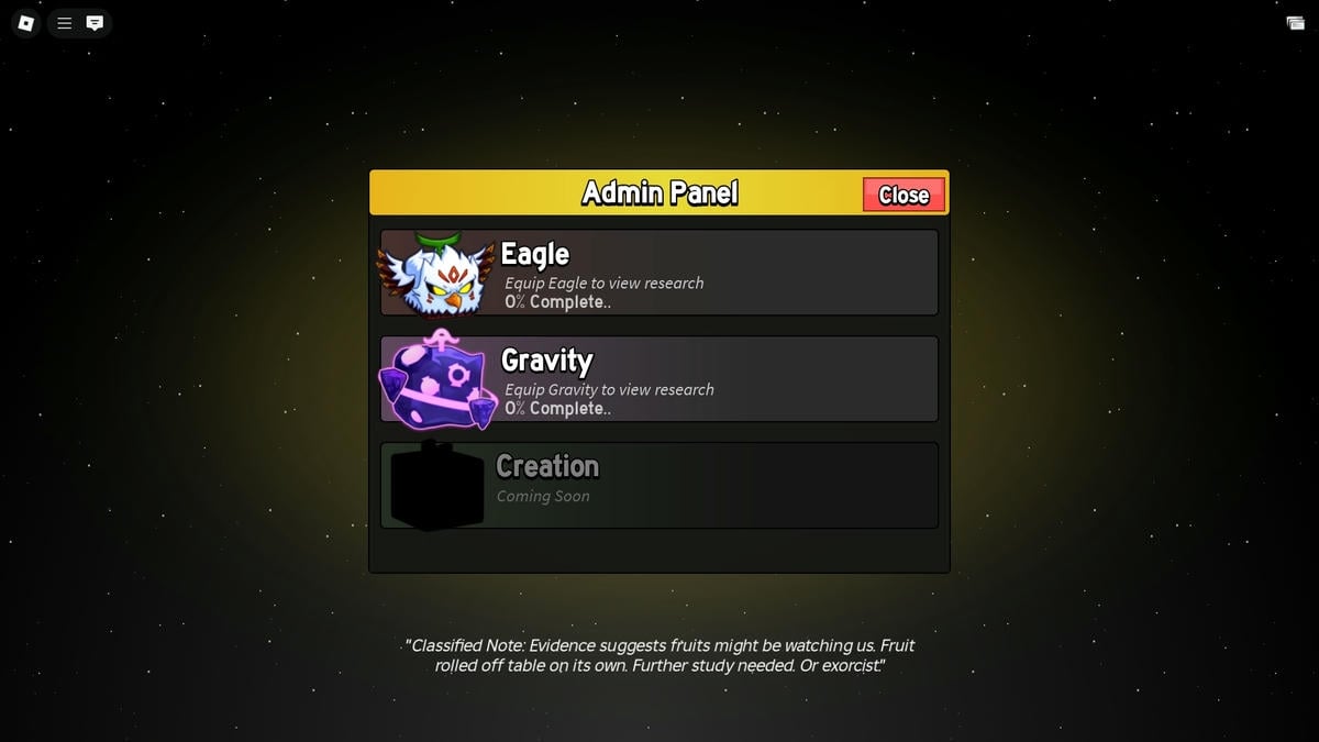 Adminpanelet med tyngdekraften og ørnefrugterne i Fruit Blox