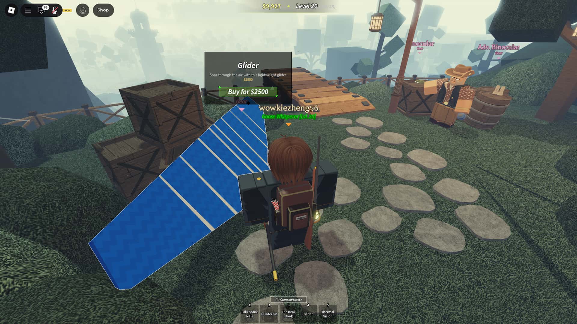 Onde encontrar o planador F2P na experiência Roblox Peaks