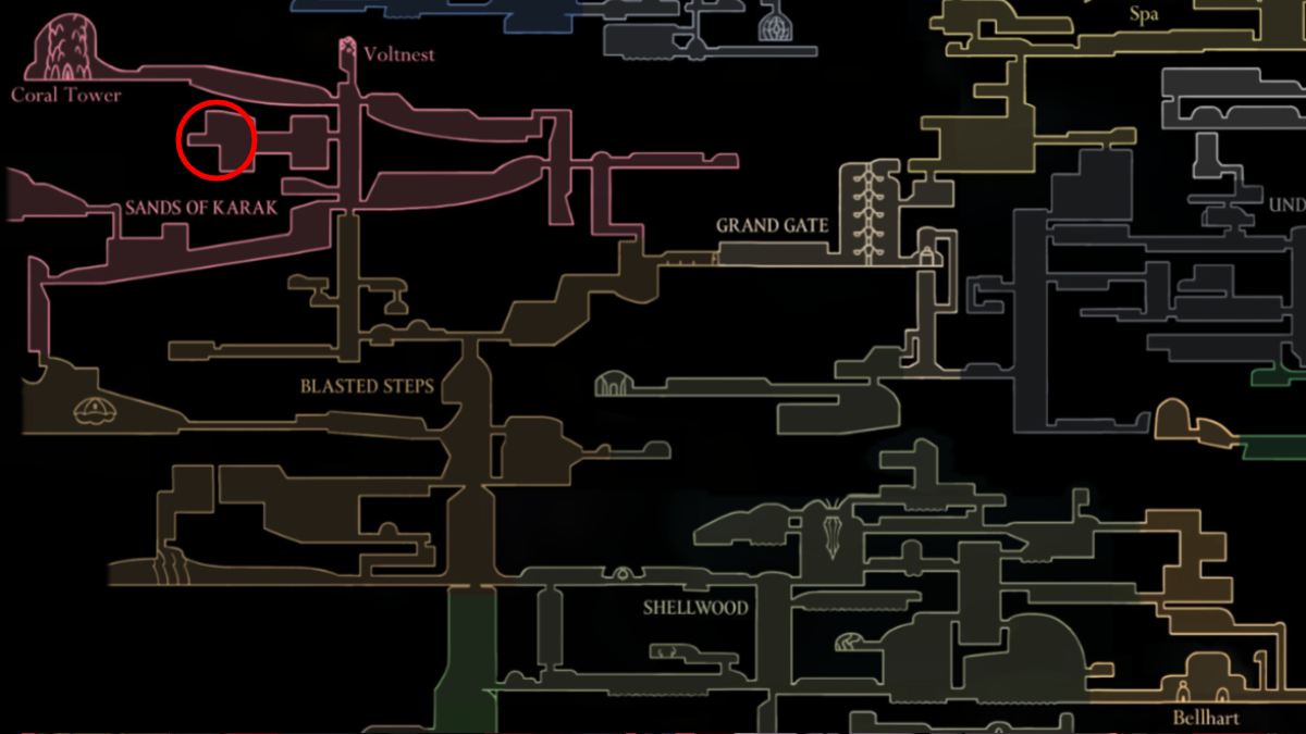Hollow Knight Silksong Ubication Ubicación Sands del mapa del área de Karak
