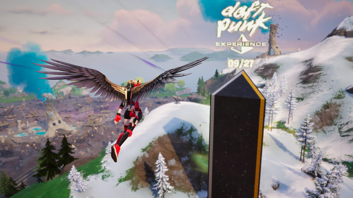 Harley Quinn zboară spre un stâlp din munții Fortnite