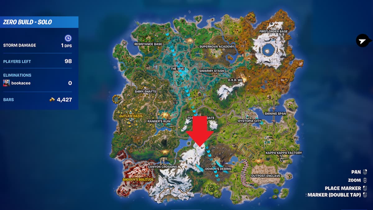 Locație misterioasă în munți marcată pe hartă în Fortnite