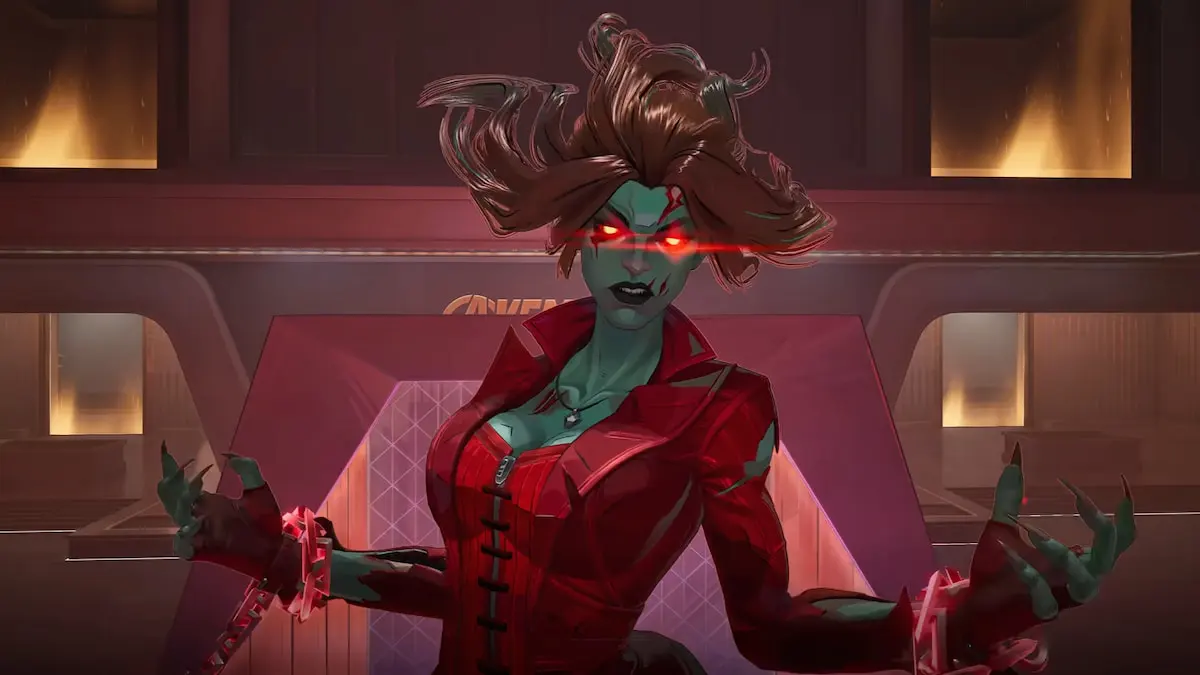 Bruja escarlata zombie flotando con ojos rojos brillantes en Marvel Rivals