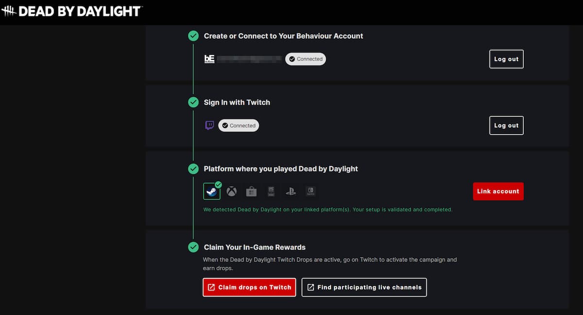 Cómo conseguir los lanzamientos de Twitch de Dead by Daylight (2026) 13 Vinculación de cuentas de Twitch de Dead by Daylight